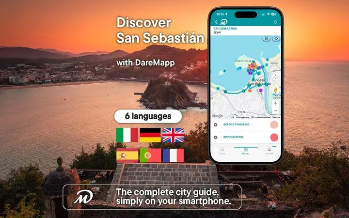 San Sebastian bay view with mobile app map for self-guided walking tour.