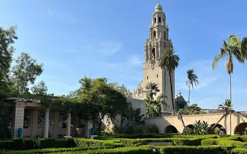 Balboa Park tower and gardens in San Diego during self-guided city exploration game.