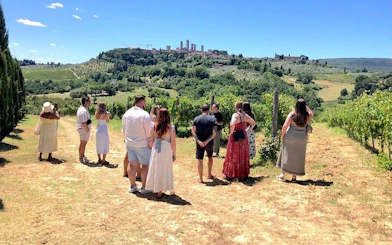 Tour group exploring Chianti vineyards with view of San Gimignano towers in the distance.