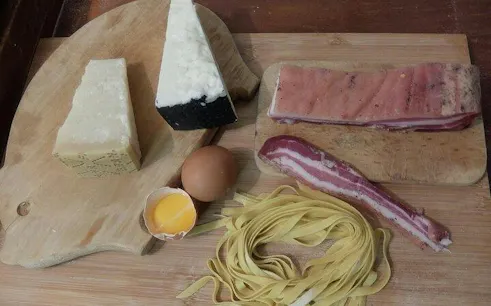 Pasta ingredients for Rome sauce-making class with cheese, pancetta, egg, and pasta.
