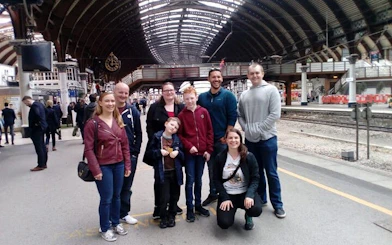 Group at York railway station for Harry Potter walking tour with quizzes and games.