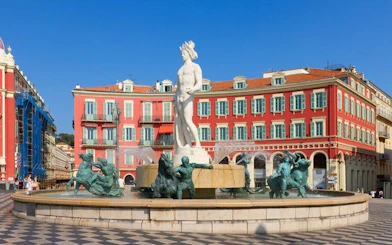 Fountain at Place Masséna in Nice on a sunny day during a self-guided walking tour.