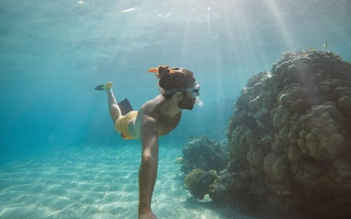 Snorkeler exploring coral reef in Sharm El Sheikh during private speedboat tour.