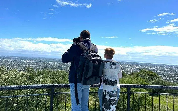 Tourists enjoying panoramic view of Christchurch from lookout point on half-day city tour.