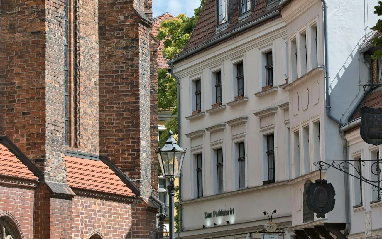 Historic buildings in Berlin's Nikolaiviertel district during a self-guided audio walk.