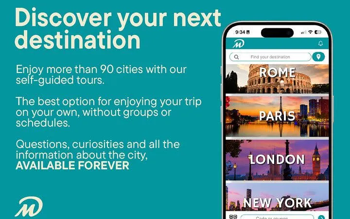 Mobile app showcasing self-guided museum tours in Rome, Paris, London, and New York.