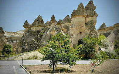 Cappadocia rock formations with greenery on a private museum tour.