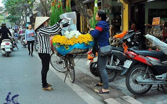 Hanoi street vendor selling flowers from a bicycle in the Old Quarter.