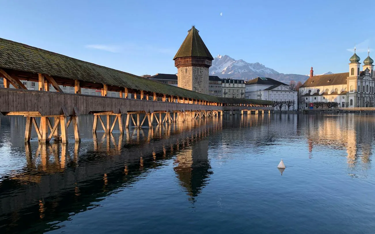 Chapel Bridge over Reuss River with Water Tower, Lucerne Old Town.