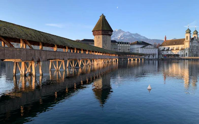 Chapel Bridge over Reuss River with Water Tower, Lucerne Old Town.