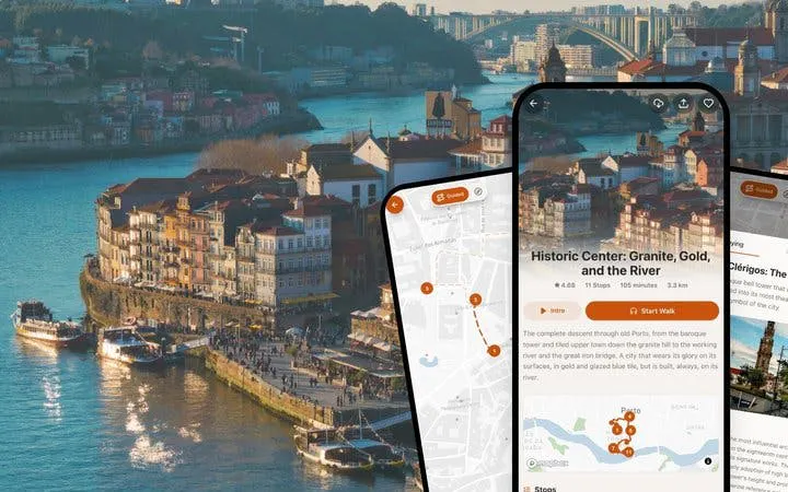 Porto riverside view with historic buildings and self-guided tour app on phone screen.