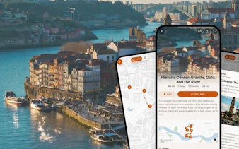 Porto riverside view with historic buildings and self-guided tour app on phone screen.