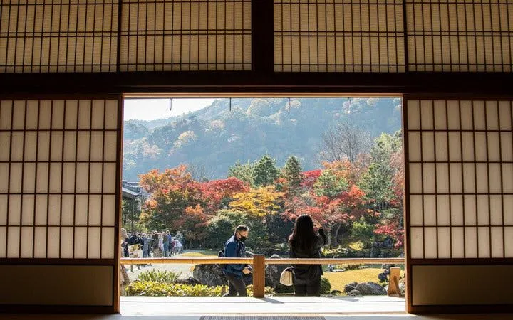 Visitors enjoying autumn foliage from a traditional Japanese room in Kyoto's Arashiyama area.