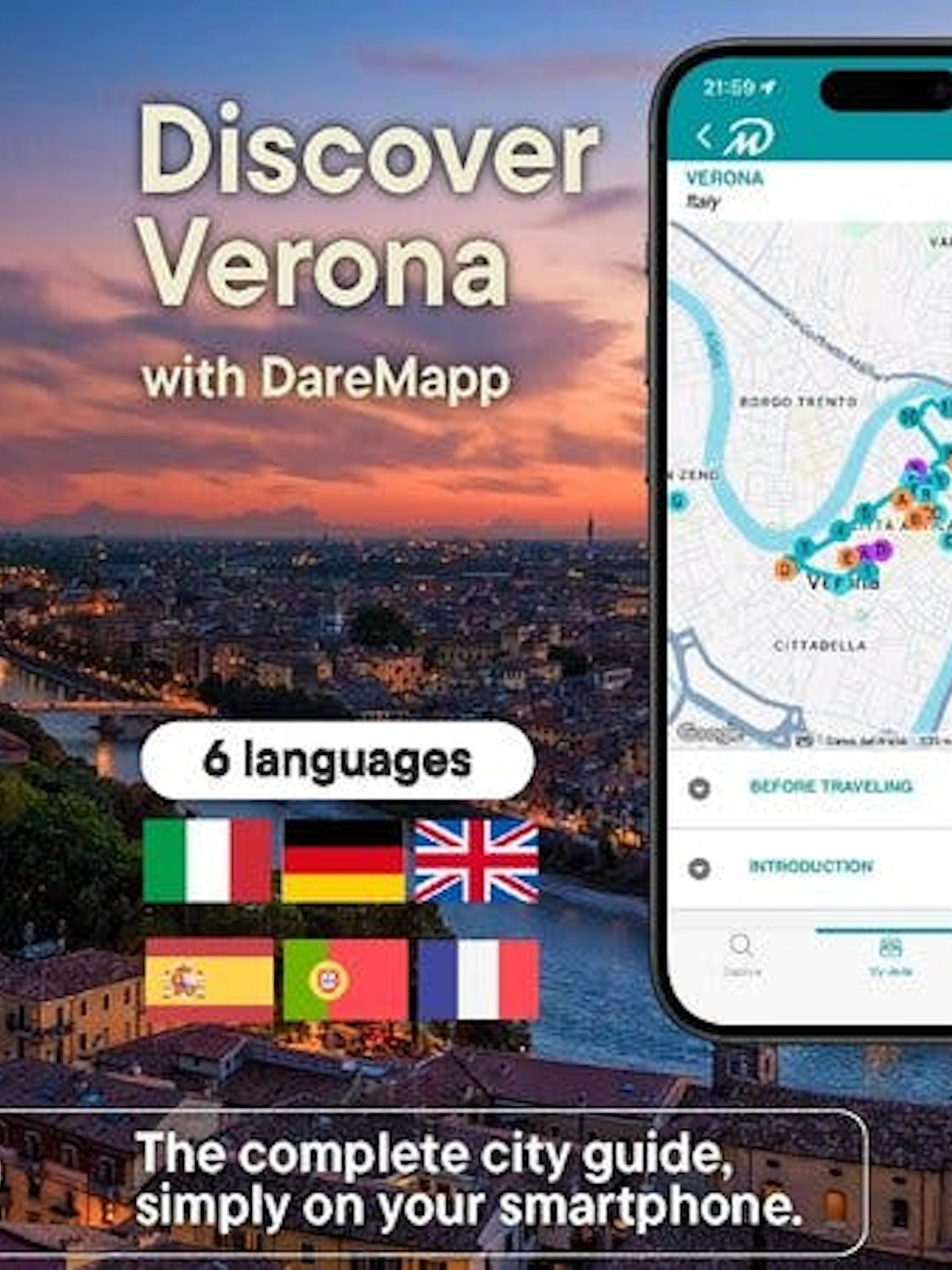 Verona cityscape with mobile app map for self-guided walking tour.