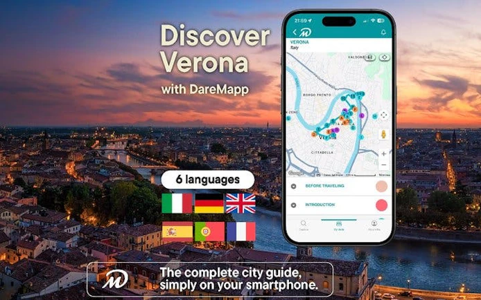 Verona cityscape with mobile app map for self-guided walking tour.