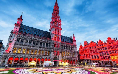 Grand Place in Brussels with illuminated buildings and floral carpet design.