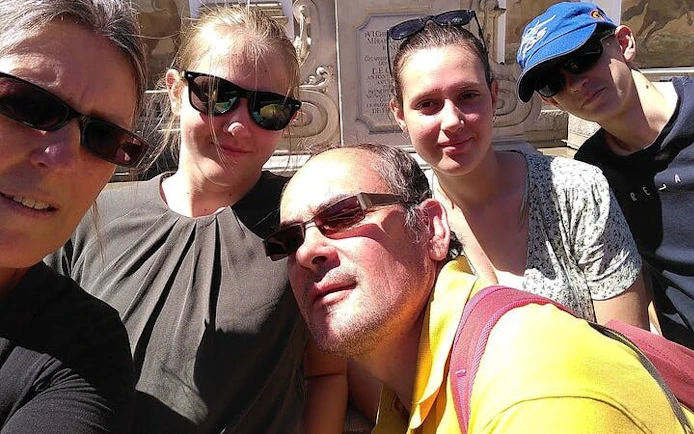 Group exploring Salzburg's music history on a self-guided city tour.