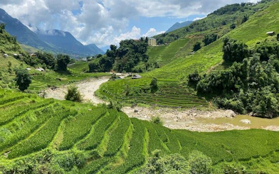 Terraced rice fields in Sapa, Vietnam, with mountains and a river in the background.