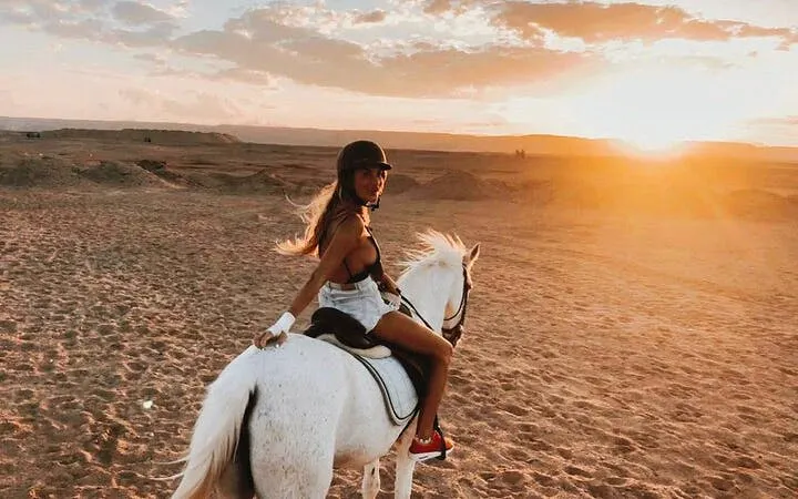 Horseback rider at sunrise in Hurghada desert near Red Sea.