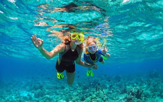 Snorkelers exploring coral reefs during a speedboat tour in Sharm El Sheikh.