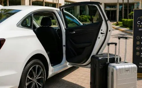 Private car with open door and luggage for transfer from Puerto Morelos to Tulum Airport.