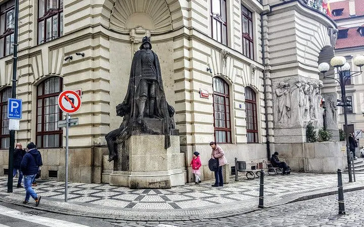 Statue on a Prague street corner, part of the Ghosts of Gothic Prague exploration game.