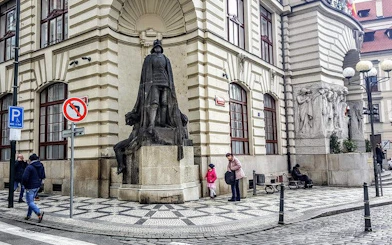 Statue on a Prague street corner, part of the Ghosts of Gothic Prague exploration game.