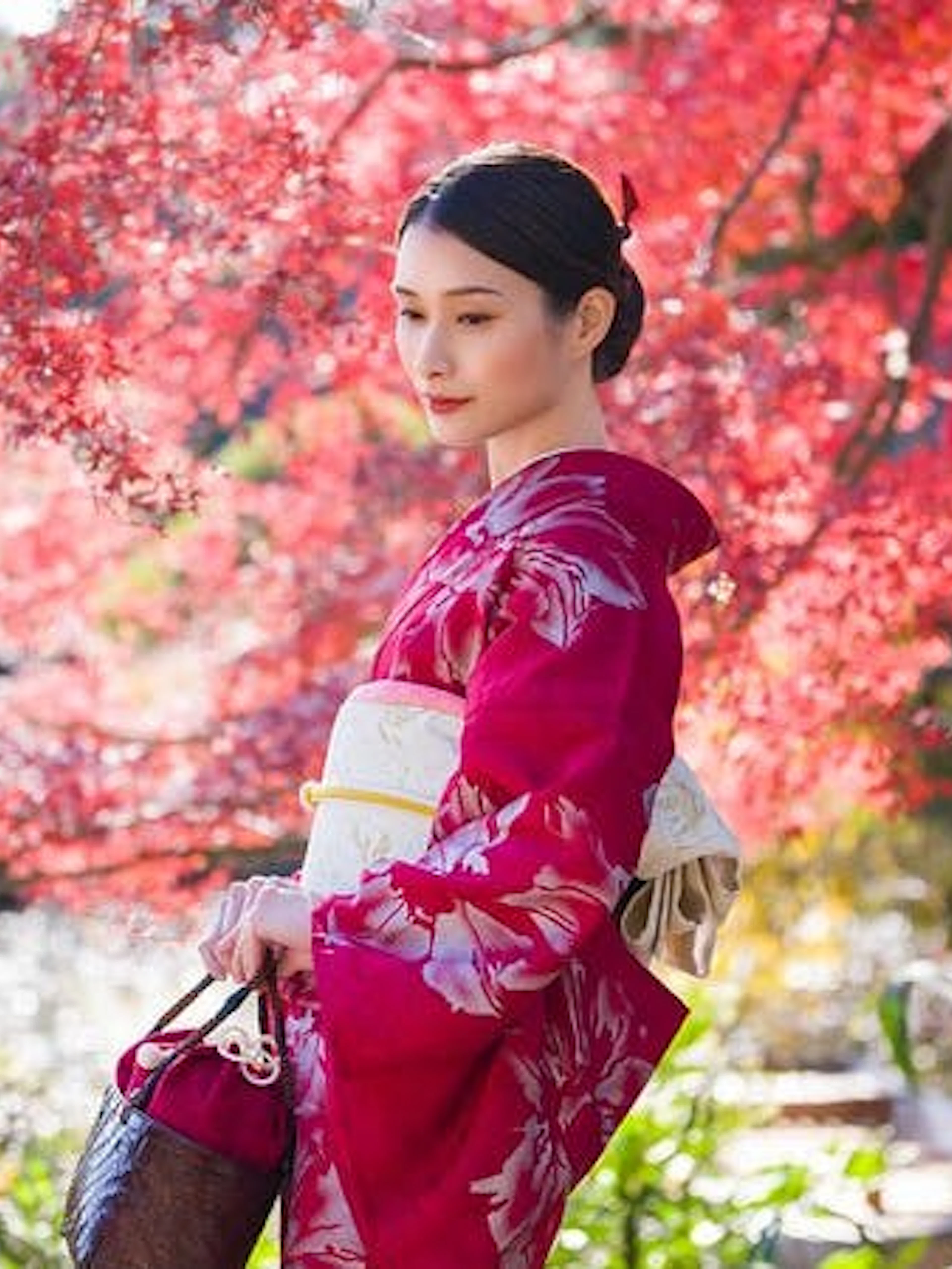 Silk kimono rental experience at Shinjuku Gyoen National Garden with autumn foliage.