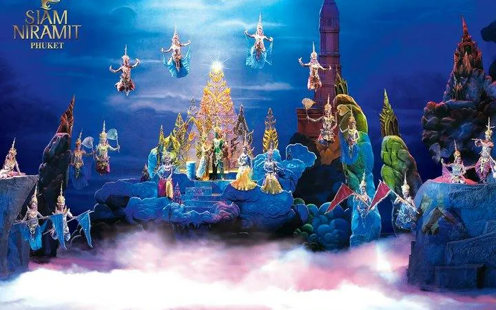 Siam Niramit Phuket stage performance with traditional Thai costumes and vibrant set design.