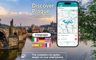 Prague walking tour app with map and Charles Bridge in background.