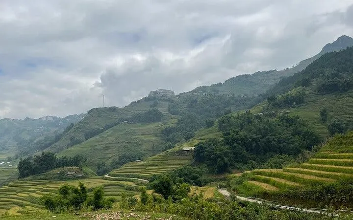Terraced rice fields in Sapa with misty mountains, part of a guided motorbike tour to Cat Cat Village.