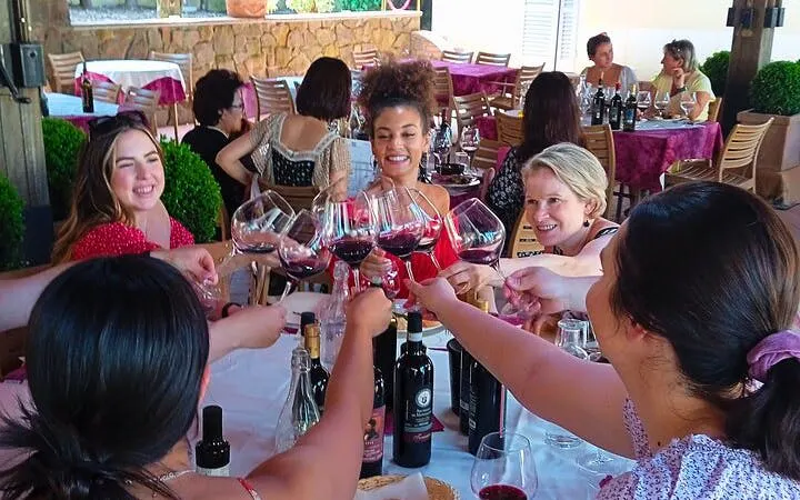 Group enjoying wine tasting at a Chianti winery during San Gimignano tour.