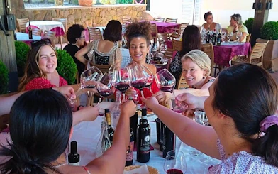 Group enjoying wine tasting at a Chianti winery during San Gimignano tour.