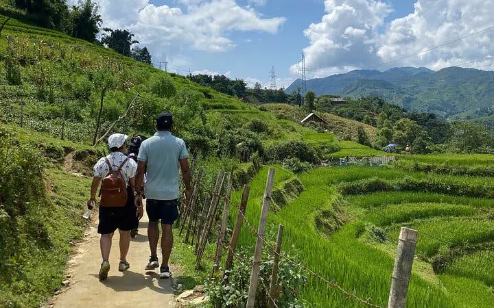 Tourists trekking on Sapa's Y Linh Ho trail with lush rice terraces and mountains in the background.