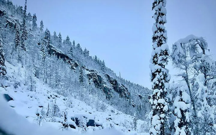 Korouoma Canyon covered in snow, showcasing frozen waterfalls and snowy trees, Rovaniemi.