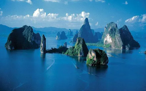 James Bond Island limestone karsts in Phang Nga Bay, view from speedboat tour, Phuket.