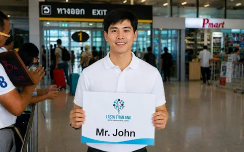 Chiang Mai Airport greeter holding sign for private car transfer service.