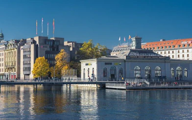 Geneva cityscape with historic buildings along the waterfront on a sunny day.