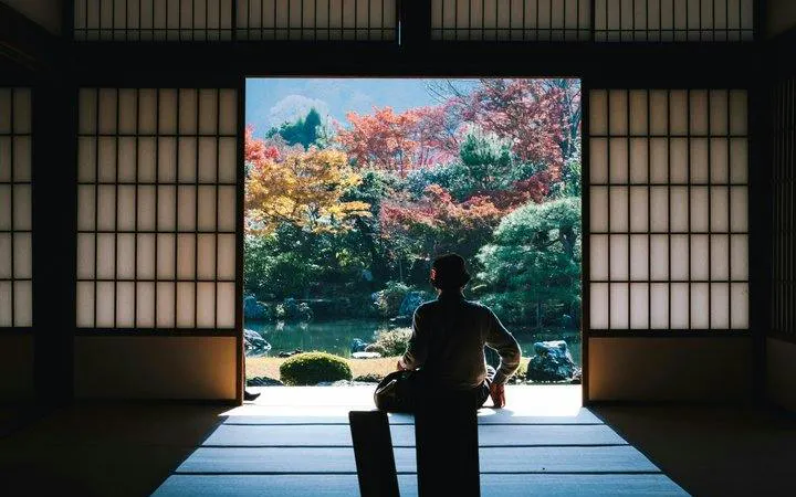 Person sitting in traditional Japanese room overlooking a garden with autumn foliage in Kyoto.