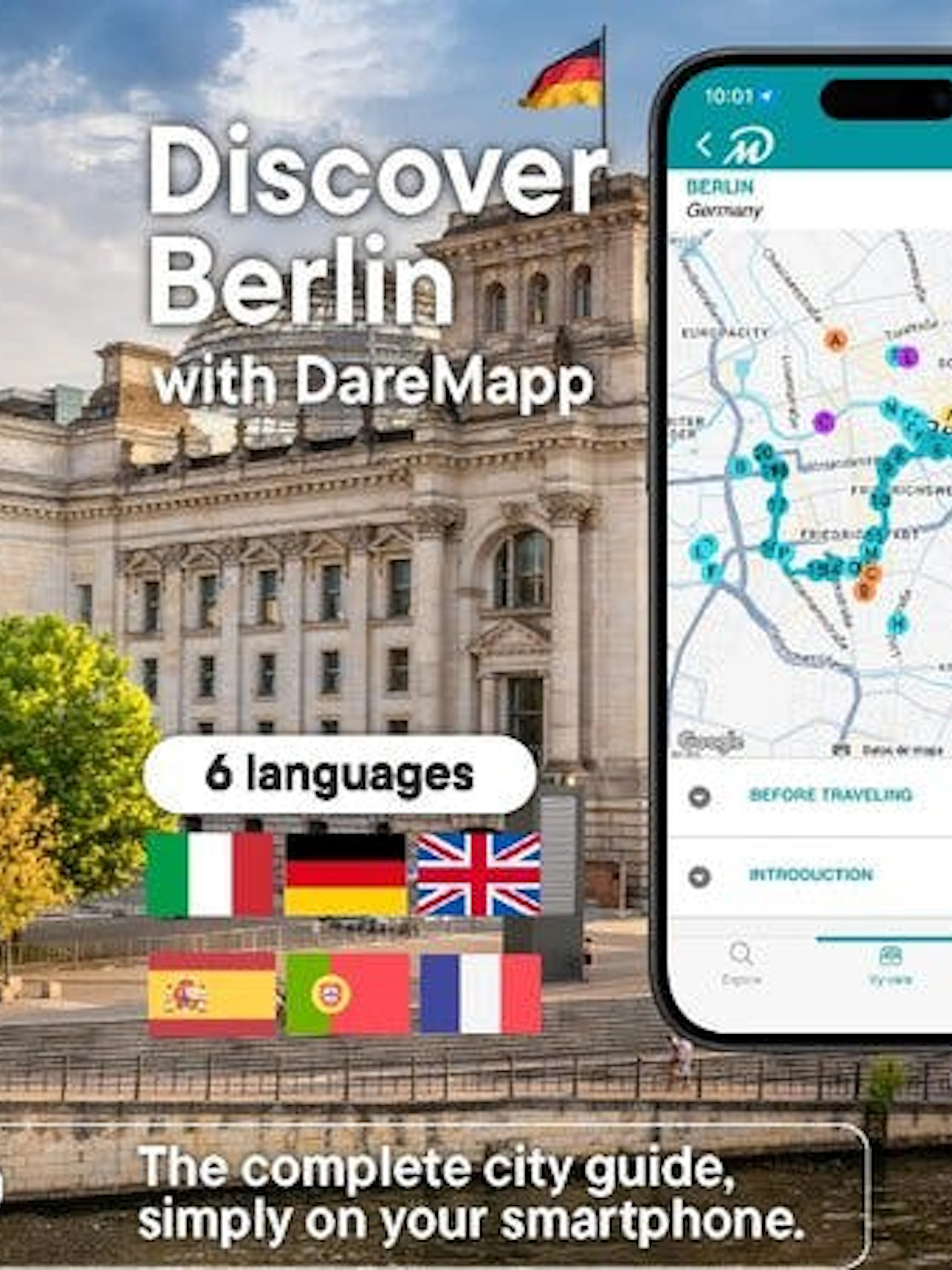 Berlin Reichstag with mobile app map for self-guided walking tour.