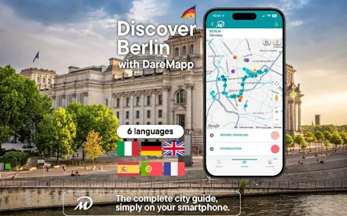 Berlin Reichstag with mobile app map for self-guided walking tour.