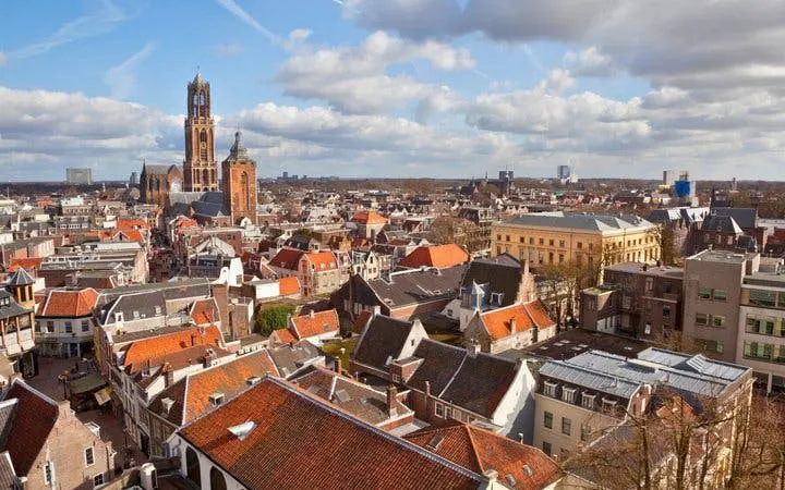 Utrecht cityscape with Dom Tower, view from above on self-guided walking tour route.