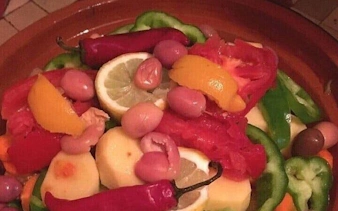 Moroccan tagine with vegetables and olives from Essaouira cooking class.