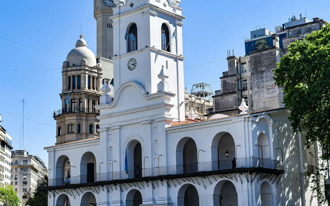 Cabildo building in Plaza de Mayo, Buenos Aires, featured in self-guided audio walking tour.