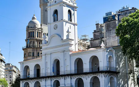 Cabildo building in Plaza de Mayo, Buenos Aires, featured in self-guided audio walking tour.