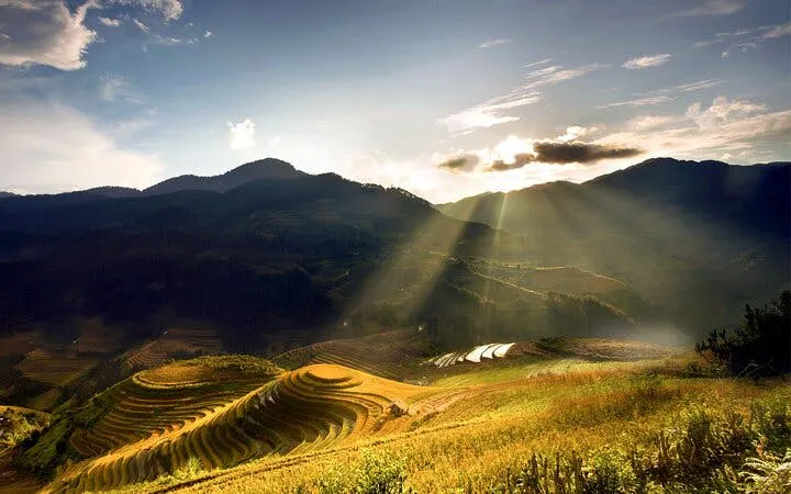 Terraced rice fields in Mu Cang Chai with sun rays over mountains, Vietnam.