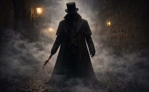 Shadowy figure in Victorian attire on foggy London street, related to Jack the Ripper tour.
