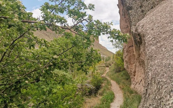 Trekking path through scenic valley with rock formations in Cappadocia.