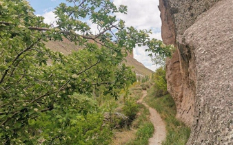 Trekking path through scenic valley with rock formations in Cappadocia.
