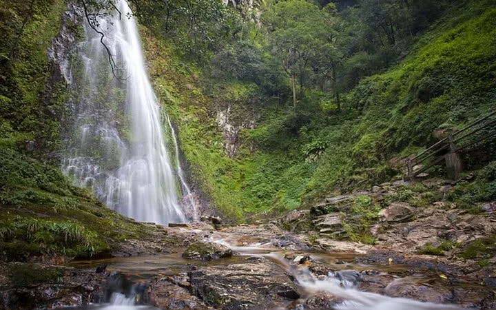 Silver Waterfall cascading over rocks surrounded by lush greenery in Sapa, Vietnam.